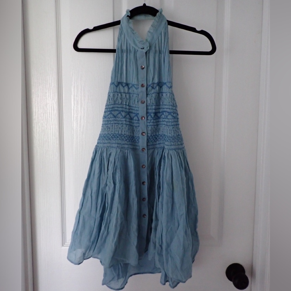 Free People Blue Smoked Halter Open Back Tank Top